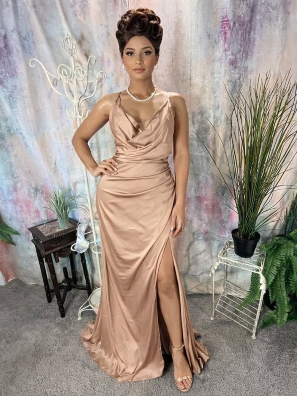 NEW📌 cinderella divine Elegant Champagne Fitted Illusion V-Neckline Satin Gown